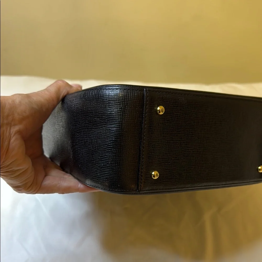 Vintage MCM Structured‎ Black Leather Satchel – Gold Hardware – Rare Style E7844